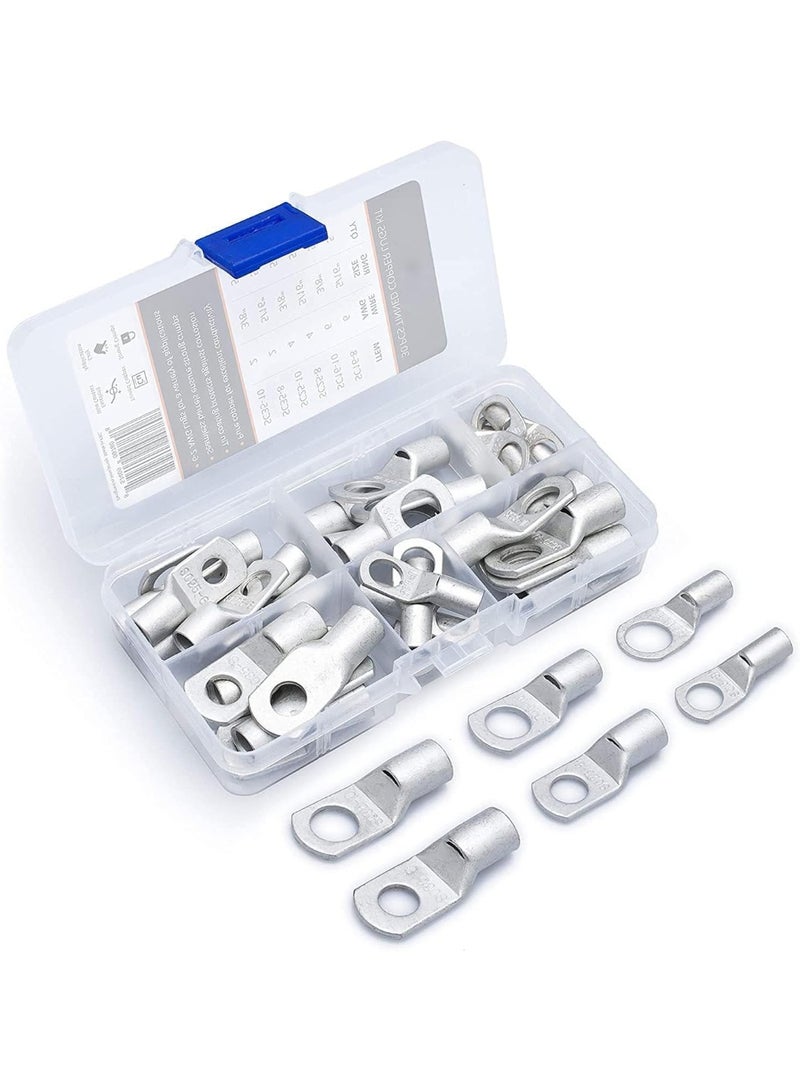 30 Pcs Tinned Copper Wire Lugs Set, Heavy Duty Battery Cable Terminals, 2 4 6 Gauge, 5/16" & 3/8" Ring Eyelets, Crimp Connectors for Inverter, Distribution Box, Solar, Marine, Home Wiring - Image 1