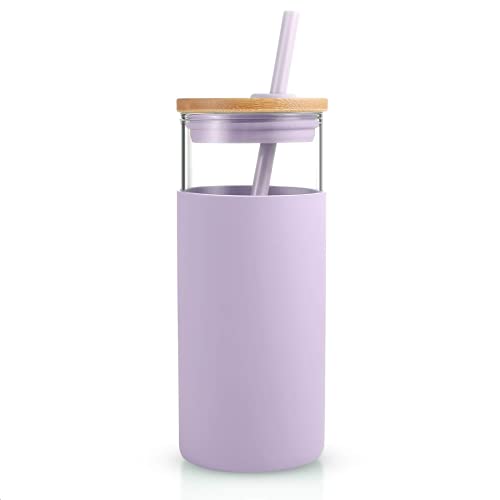 Tronco 20 oz Glass Tumbler with Lid and Straw, Iced Coffee Cup and Smoothie Cup with Bamboo Lids & Protective Silicone Sleeve, Dishwasher Safe, BPA-Free, Glass Cup 1 Pack - Image 1