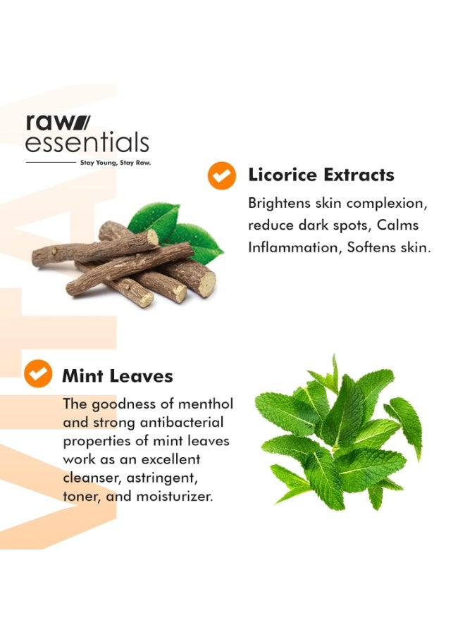 رو إسينشالز غسول الوجه للتنظيف والتفتيح من Raw Essentials - غني بمستخلصات البرتقال والليمون، والصبار، وفيتامين E، ومستخلصات العرقسوس، والنعناع (المنثول) - مناسب لجميع أنواع البشرة (150 مل، عبوة واحدة) - غسول للوجه للرجال والنساء - يحتوي على مكونات نشطة طبيعية بنسبة 100% - خالٍ من الكبريتات والبارابين. - Image 3