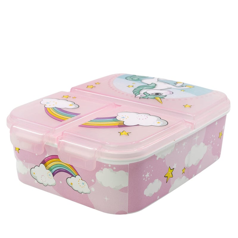 Stor Rainbow Unicorn Kids Childrens Multi Compartment Rectangular School Travel Lunch Food Box Sandwich Bento Container BPA Free Pink