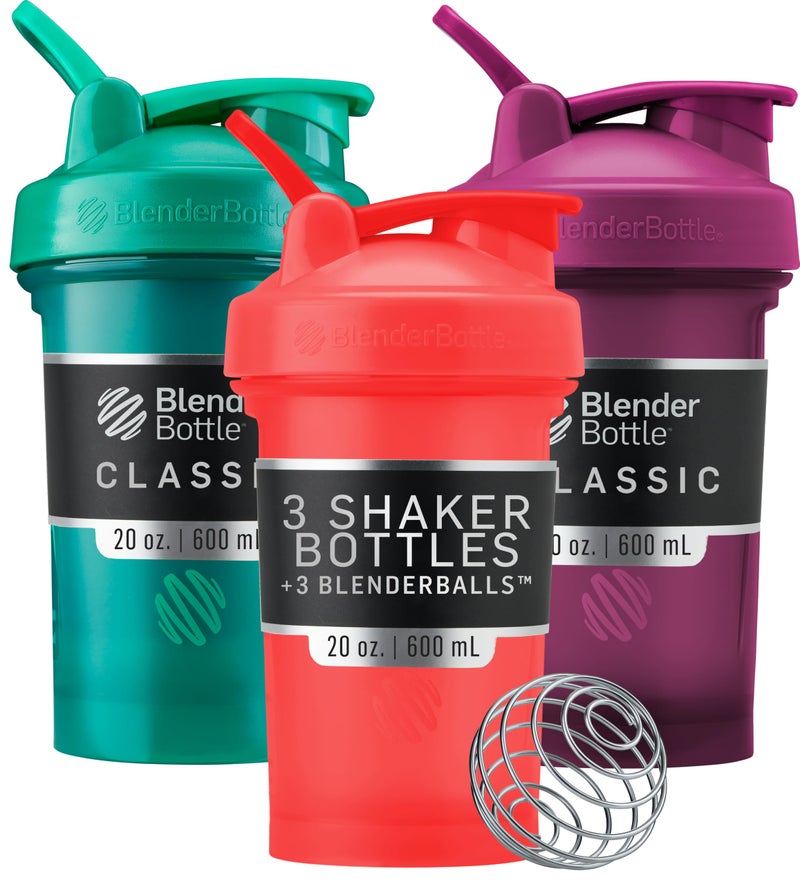 BlenderBottle Classic V2 Shaker Bottle Perfect for Protein Shakes and Pre Workout, 20-Ounce (3 Pack), Red, Green, Plum - Image 1