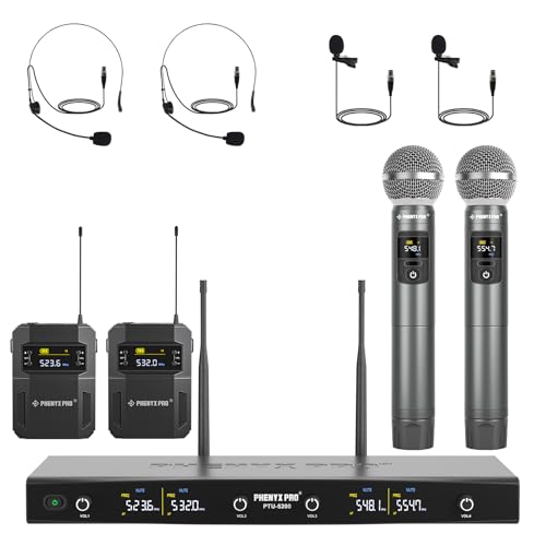 Phenyx Pro Wireless Microphone System, 4-Channel Wireless Mic Set with Handheld/Bodypack/Headset/Lapel Mics, Cordless Microphone for Singing, Karaoke, Church (PTU-5200-2H2B) - Image 1