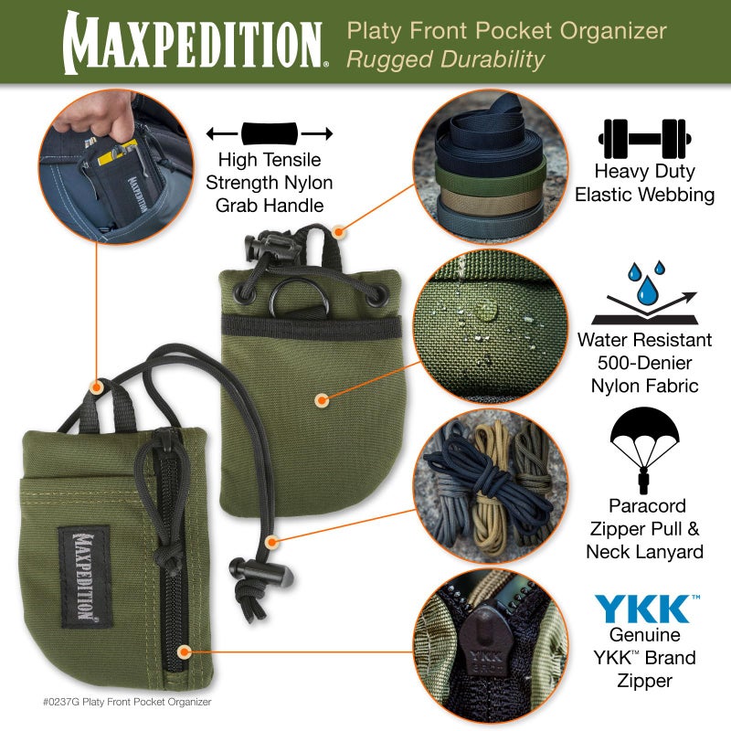 MAXPEDITION Platy Front Pocket Organizer, Durable EDC Tool Pouch for Men, Neck Wallet with Paracord Lanyard, Holds Flashlight, Multitool, Pen, Notebook (OD Green, 3.5" x 5") - Image 2