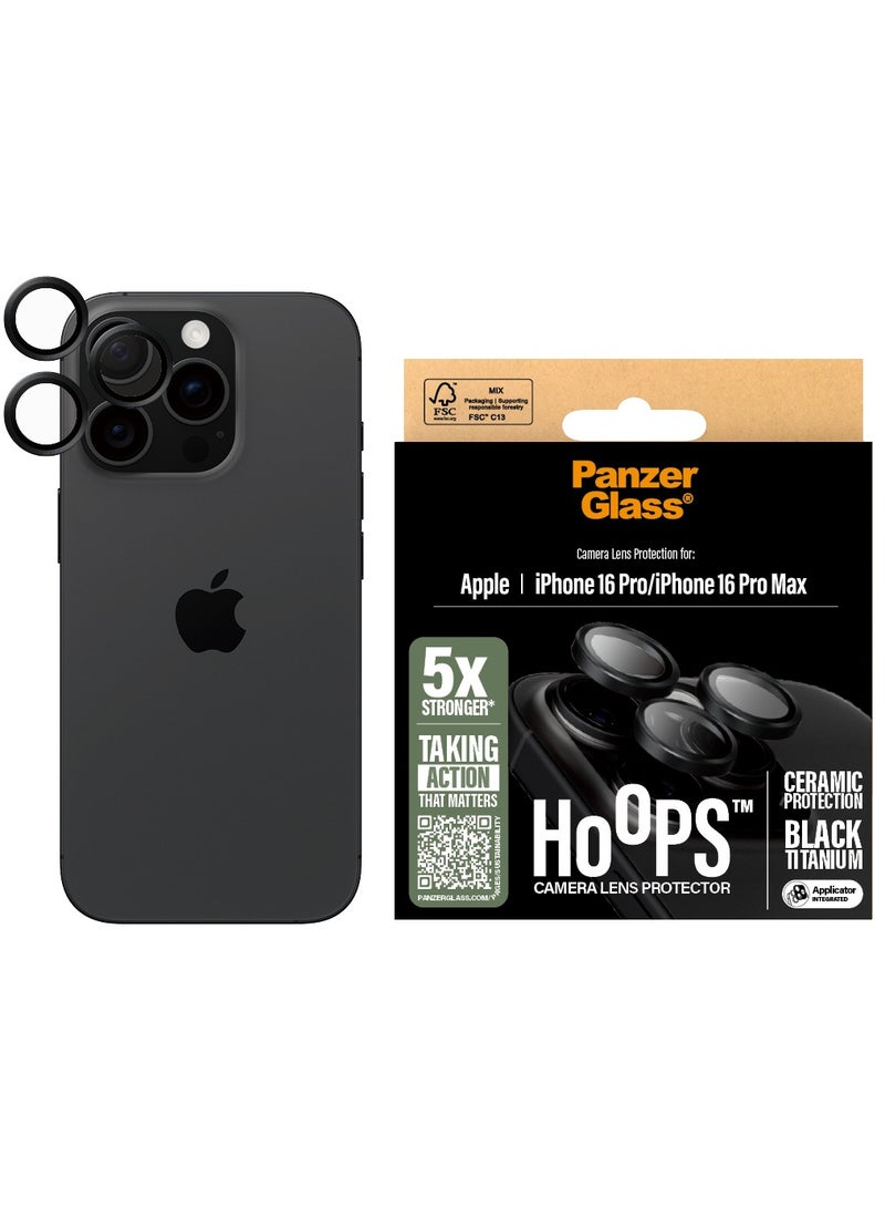 PanzerGlass حامي عدسة الكاميرا PanzerGlass® Hoops لجهاز Apple iPhone 16 Pro | 16 Pro Max زجاج سيراميك - حماية بأناقة، مقاوم للخدوش، مقاوم للصدمات، إطار ألمنيوم أسود - مع مساعدة في التركيب لتسهيل التثبيت - Image 1