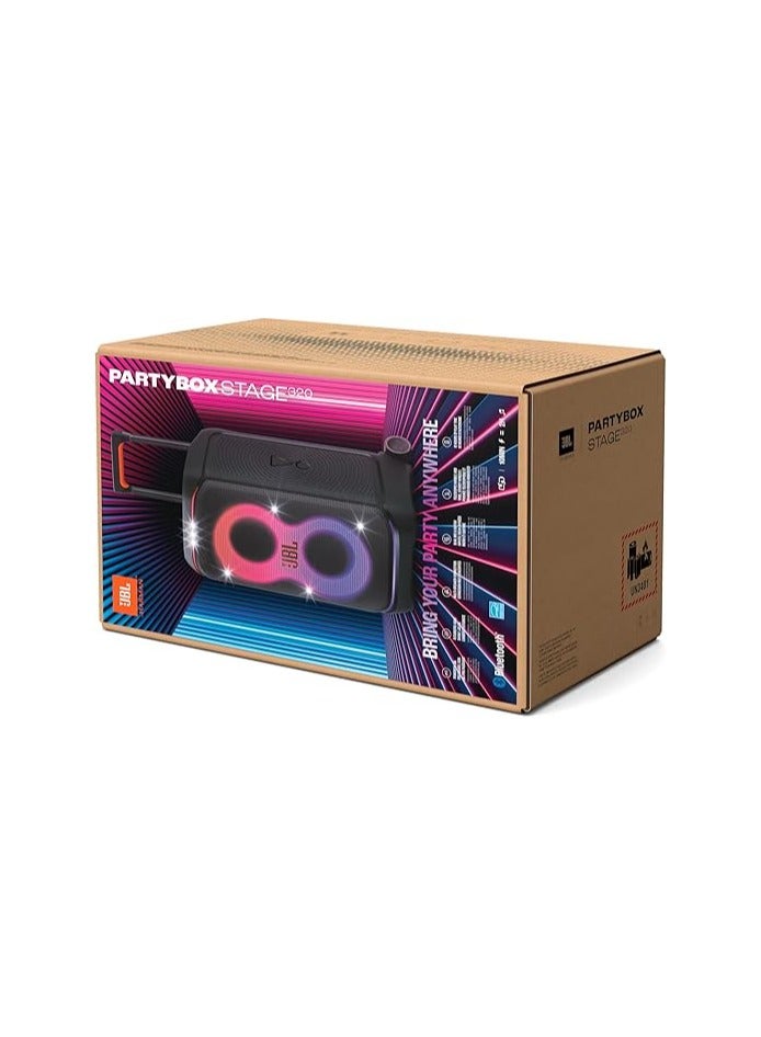جي بي إل مكبر صوت بلوتوث محمول JBL PartyBox Stage 320، 240 واط، بلوتوث 5.4، 18 ساعة كحد أقصى لوقت التشغيل، مقاوم للرذاذ، مدخلين ميكروفون وجيتار، اتصال متعدد مكبرات الصوت، مع عجلات، أسود - Image 5