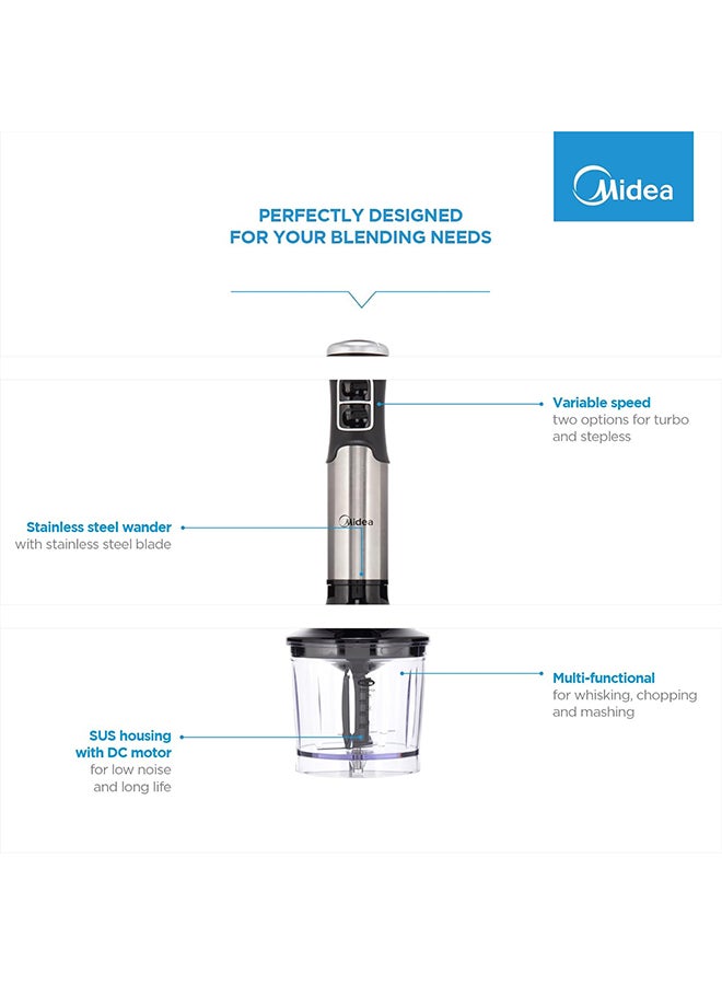 Midea Hand Blender With DC Motor, Stainless Steel Wander, Multi-functional For Whisking - Chopping - Mashing, Variable Speed For Turbo & Stepless, 1L MJ-BH1001W Silver/Black - Image 5