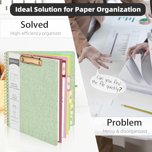 Ospelelf Green Foldable Spiral Clipboard Folio with Storage Zipper Pouch, 5 Plastic Folders with 10 Pockets, Refillable Lined Notepad (11" x 8.5"), Linen Hardcover Project Organizer - Image 5