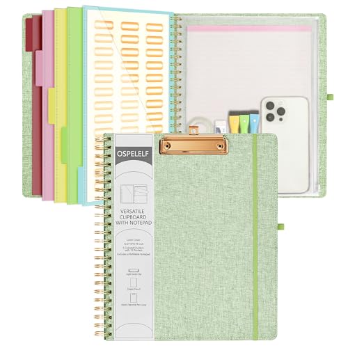 Ospelelf Green Foldable Spiral Clipboard Folio with Storage Zipper Pouch, 5 Plastic Folders with 10 Pockets, Refillable Lined Notepad (11" x 8.5"), Linen Hardcover Project Organizer - Image 1