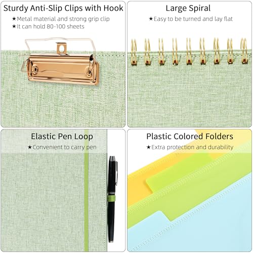 Ospelelf Green Foldable Spiral Clipboard Folio with Storage Zipper Pouch, 5 Plastic Folders with 10 Pockets, Refillable Lined Notepad (11" x 8.5"), Linen Hardcover Project Organizer - Image 4