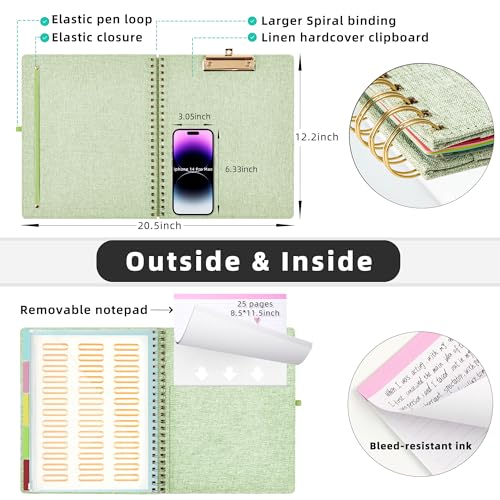 Ospelelf Green Foldable Spiral Clipboard Folio with Storage Zipper Pouch, 5 Plastic Folders with 10 Pockets, Refillable Lined Notepad (11" x 8.5"), Linen Hardcover Project Organizer - Image 3