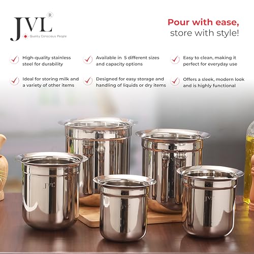JVL Classicware Stainless Steel Gunj Multi-Purpose Storage & Serving Container with Spill-Free Pouring, Mirror Finish, Ideal Vessel for Milk, Rasam, Juices, Snacks & Cooked Food - 2.25 Litre - Image 3