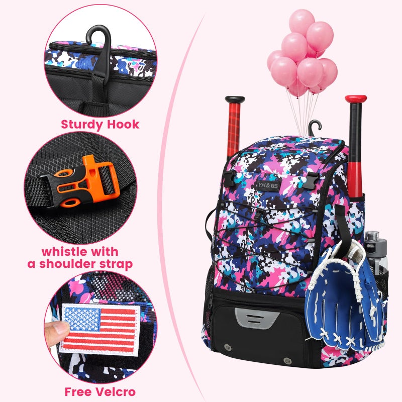 GOTECH Softball Bat Bag for Youth & Adults, Baseball Equipment Bag with Fence Hook, Lightweight Bat Backpack with Shoe Compartment, Large Main Compartment for Helmet - Pink - Image 3