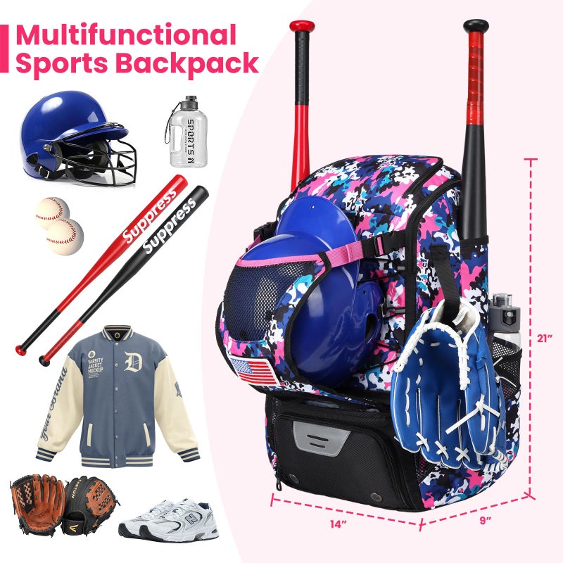 GOTECH Softball Bat Bag for Youth & Adults, Baseball Equipment Bag with Fence Hook, Lightweight Bat Backpack with Shoe Compartment, Large Main Compartment for Helmet - Pink - Image 2