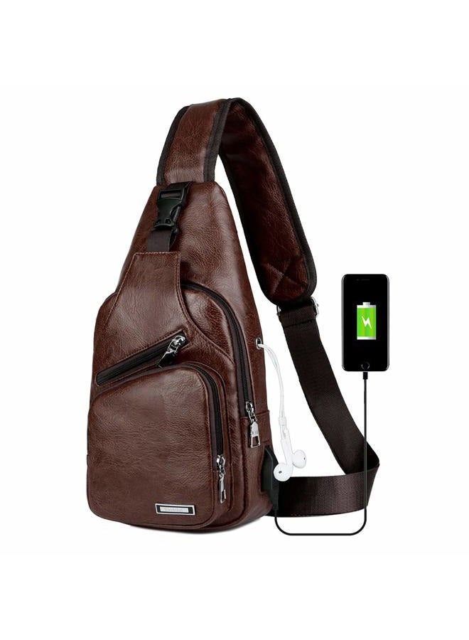 Peicees Leather Sling Bag Mens Crossbody Bag Chest Bag Sling Backpack for Men with USB Charge Port - Image 1