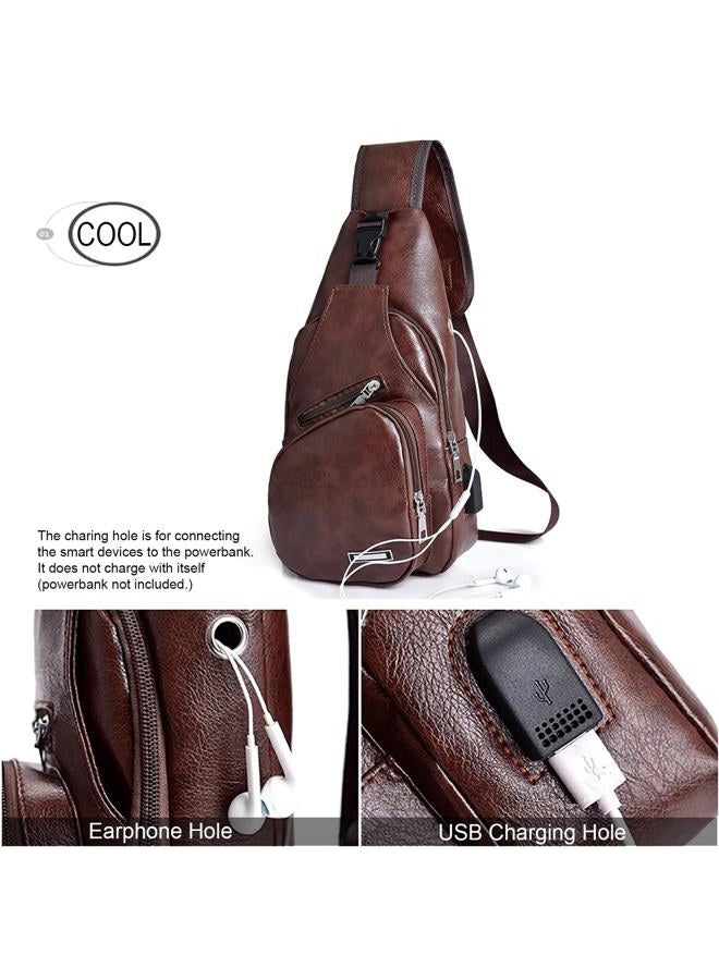Peicees Leather Sling Bag Mens Crossbody Bag Chest Bag Sling Backpack for Men with USB Charge Port - Image 2