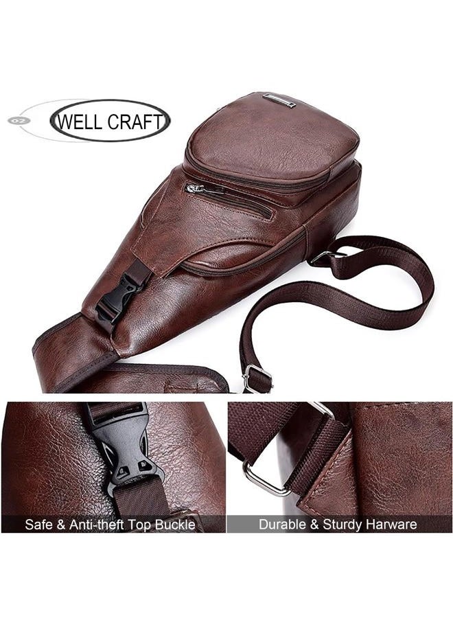 Peicees Leather Sling Bag Mens Crossbody Bag Chest Bag Sling Backpack for Men with USB Charge Port - Image 3