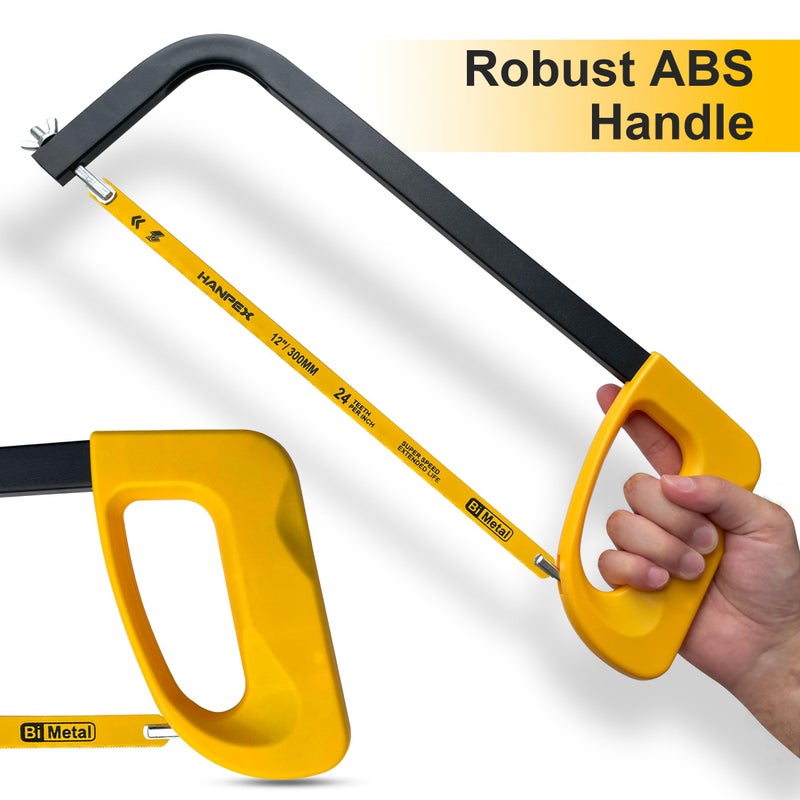 Hanpex 12in. High-Tension Hacksaw Frame with 24 TPI Bi-metal Blade, Hand Saw Suitable for Metal, wood, PVC, Carpentry - Image 3