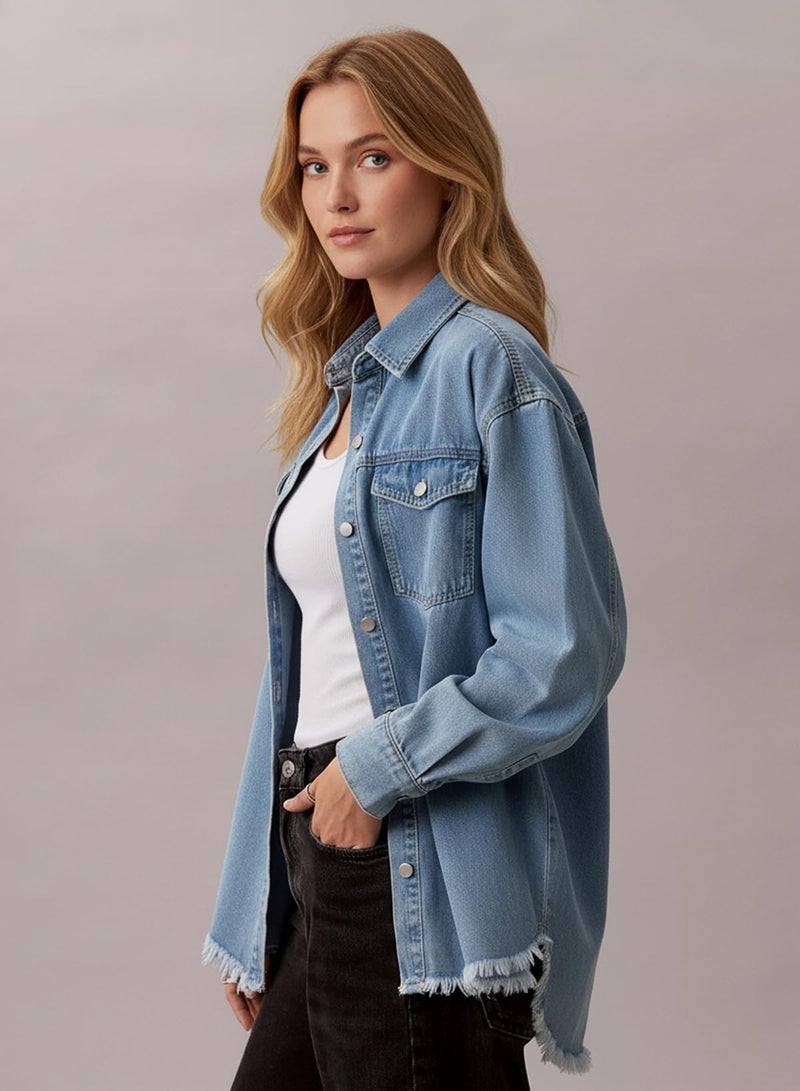 Dokotoo Women's Oversized Denim Jacket Casual Long Sleeve Denim Shirts Distresse Jean Jacket Fall Outfits 2025 Sky Blue Medium - Image 3