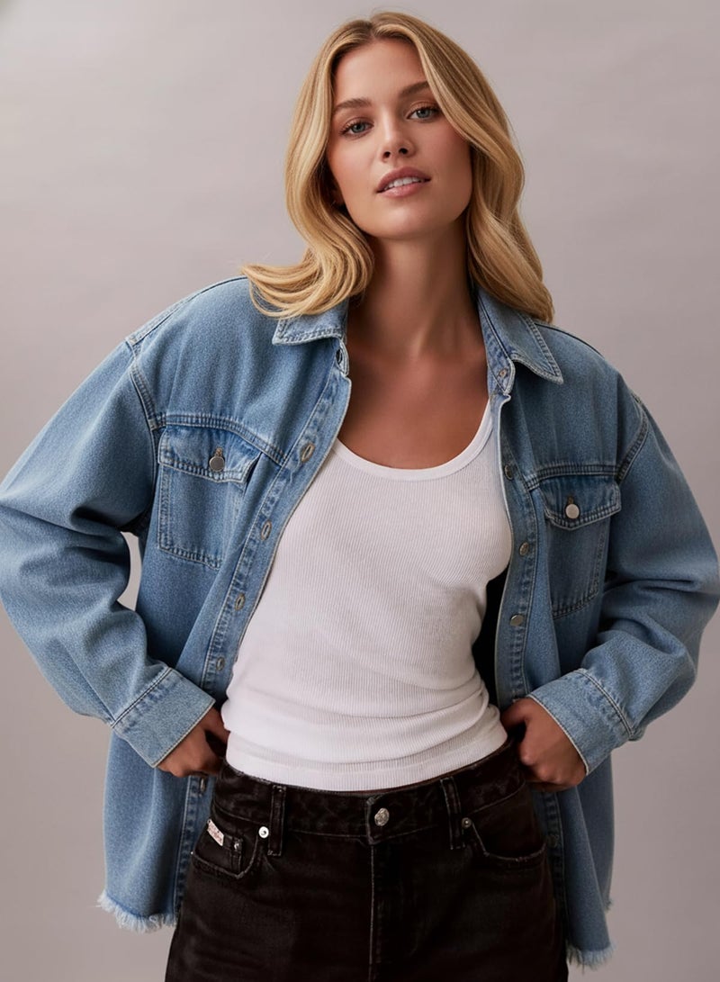 Dokotoo Women's Oversized Denim Jacket Casual Long Sleeve Denim Shirts Distresse Jean Jacket Fall Outfits 2025 Sky Blue Medium - Image 2