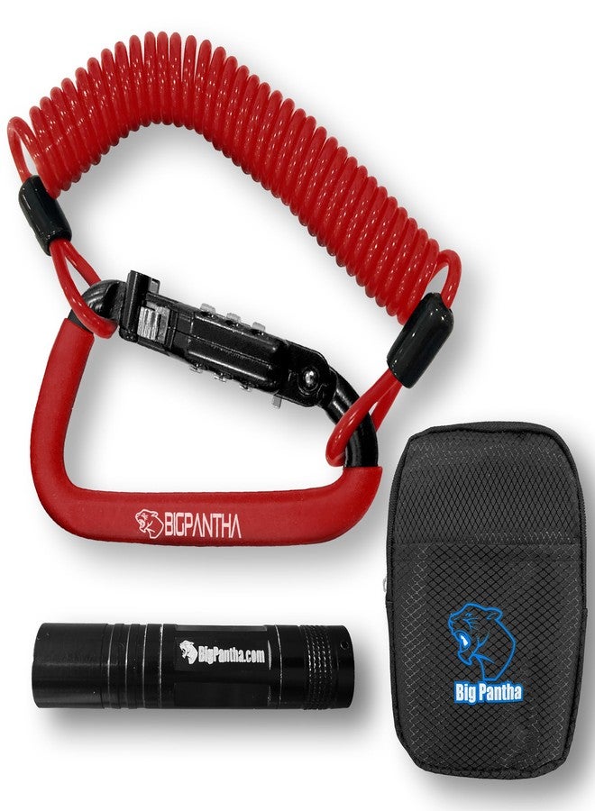 BigPantha Motorcycle Helmet Lock & Security Cable - Red Carabiner Combination Lock Secures Your Helmet, Jacket, Gloves, or Bag - Helmet Lock with Free Carry Pouch & a Small Flashlight - Image 1
