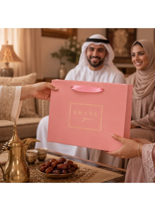 5 Sets Gold Foil Thank You Print Pink Gift Tote Bags Ribbon Handle Hand Bags for Ramadan Eid Wedding Birthday Party Gift Packaging 32x26x11cm - Image 2