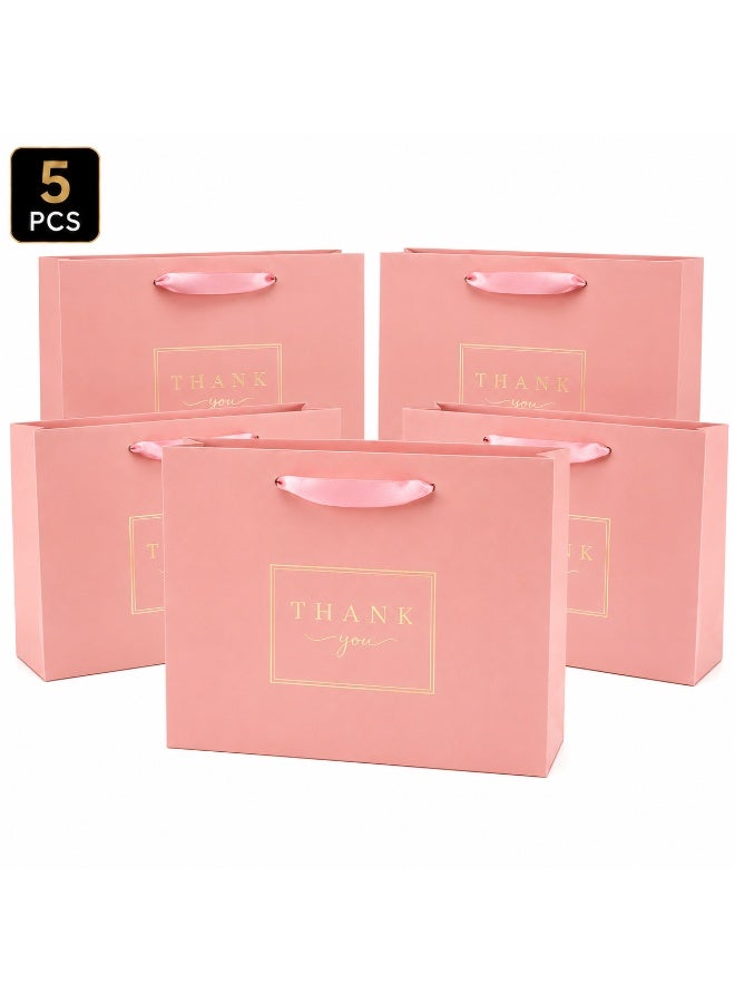 5 Sets Gold Foil Thank You Print Pink Gift Tote Bags Ribbon Handle Hand Bags for Ramadan Eid Wedding Birthday Party Gift Packaging 32x26x11cm - Image 1