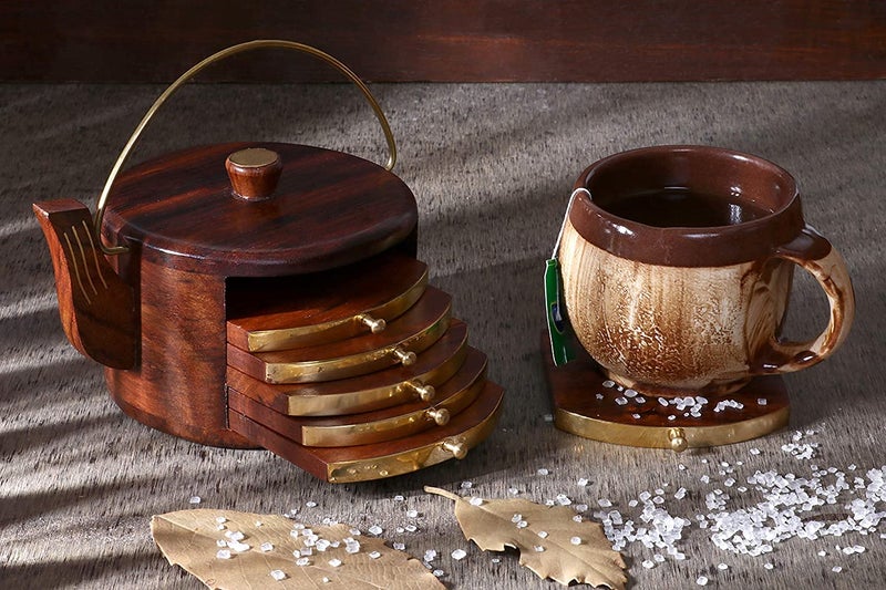 SYSI HOME Wooden Tea Coasters Set for Dining Table Decor Accessories - Coster Set for Office Table-Durable and Long-Lasting, Premium Finish, (Kettle Shape) - Image 3