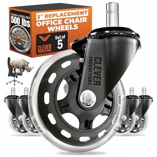 Clever Productions Replacement Office Chair Wheels (3" Set of 5) - Smooth & Quiet Rolling Heavy Duty 98% Universal Fit Caster Wheels for Office Chair - Desk Chair Wheels Clear for Hardwood Tile Vinyl Floors & Carpet - Image 1