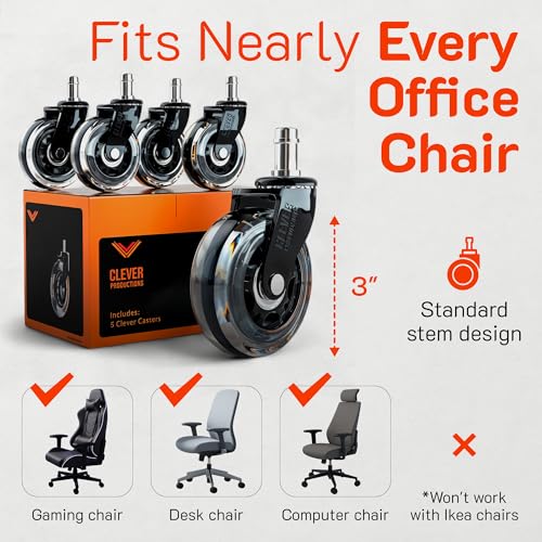 Clever Productions Replacement Office Chair Wheels (3" Set of 5) - Smooth & Quiet Rolling Heavy Duty 98% Universal Fit Caster Wheels for Office Chair - Desk Chair Wheels Clear for Hardwood Tile Vinyl Floors & Carpet - Image 4