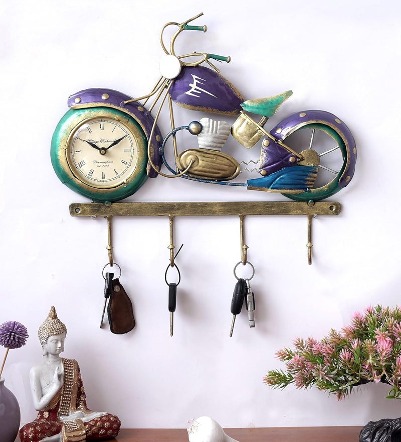 CRAFT TREE Metal Bike Shape Showpiece Key Holder with Clock Wall Stylish Key Stand Key Hanger Key Chain Holders for Wall - Image 1