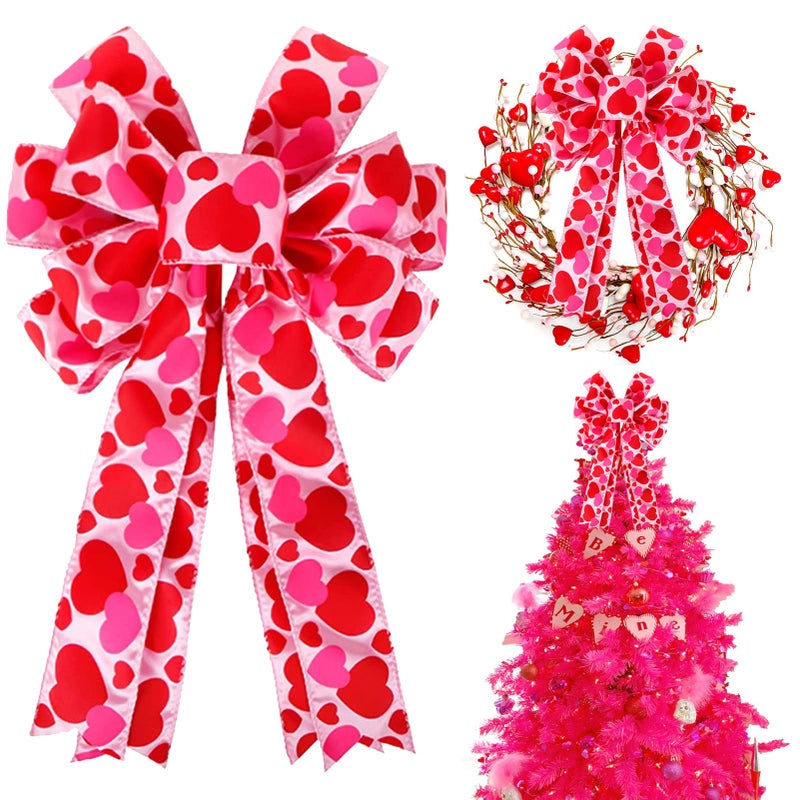 Valentine Tree Topper Bow with Heart Decorations 114x196 Large Red Pink Valentines Wreath Bow Decor for Valentines Day Wedding Holiday Party Wall Home Front Door Decorative