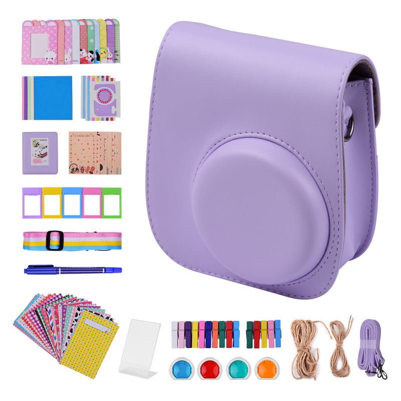 مجموعة ملحقات Instax Mini 11: حقيبة جلد بيوبر بنفسجية 12 في 1 مع حزام - ملصقات حواف فيلم تأثيرات خاصة وملفات صور لمستخدمي كاميرا فوجيفيلم الفورية - Image 1