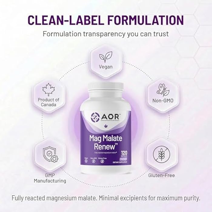 AOR Mag Malate Renew 120 Vegan Capsules, 40-120 Day Supply, Magnesium Malate with Malic Acid for Daily Wellness, Muscle Function & Relaxation Support - Image 5