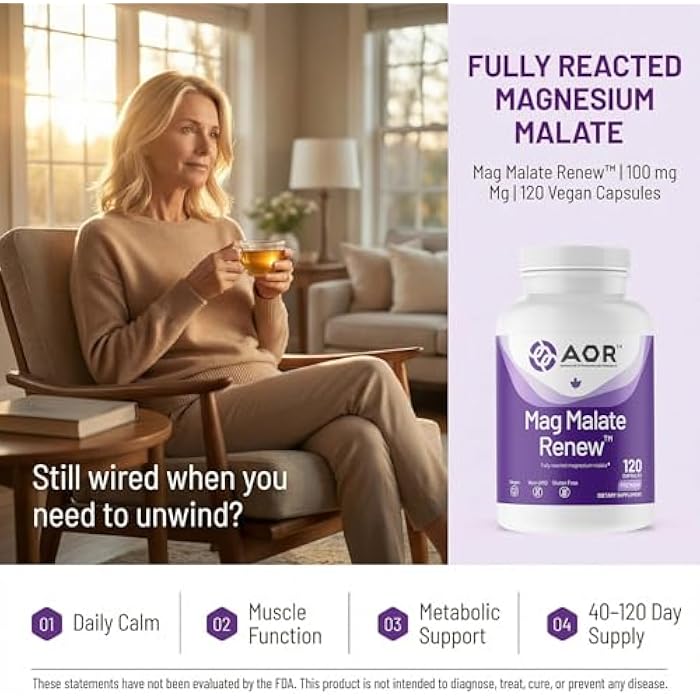 AOR Mag Malate Renew 120 Vegan Capsules, 40-120 Day Supply, Magnesium Malate with Malic Acid for Daily Wellness, Muscle Function & Relaxation Support - Image 2