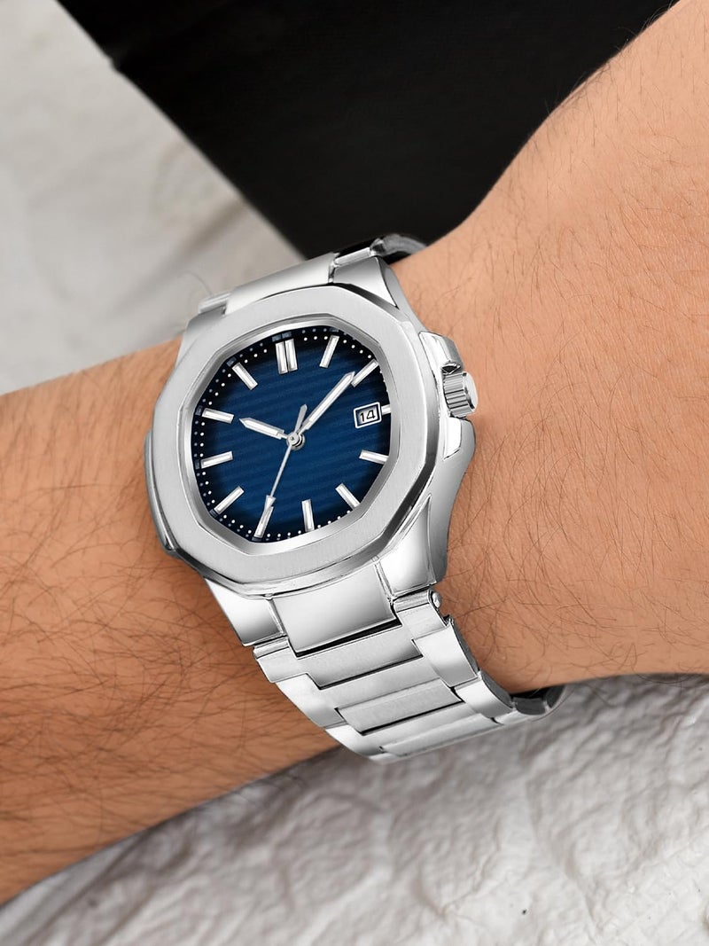 CLOUDWOOD Casual Fashion Octagonal Analog Stainless Steel Strap Date Display Watch for Man & Boys -MT80107 (Blue) - Image 4