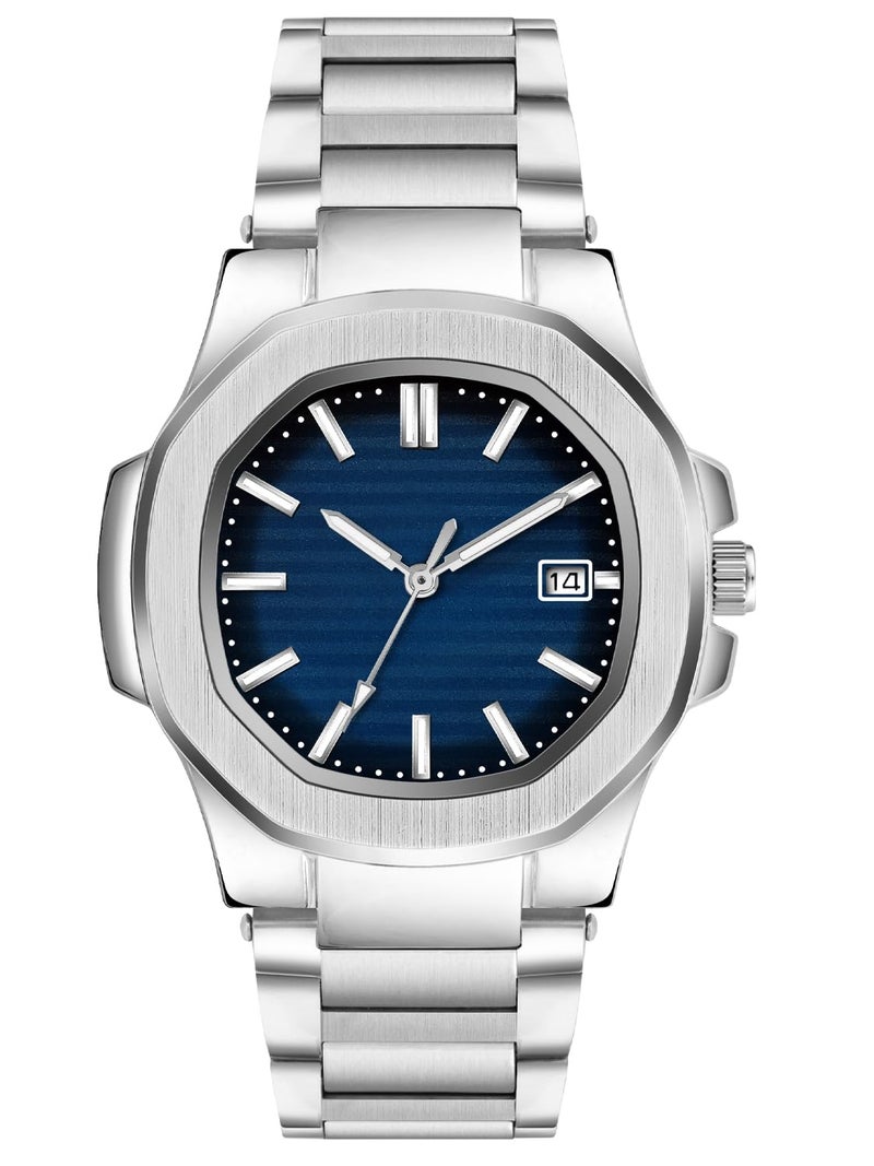 CLOUDWOOD Casual Fashion Octagonal Analog Stainless Steel Strap Date Display Watch for Man & Boys -MT80107 (Blue) - Image 1