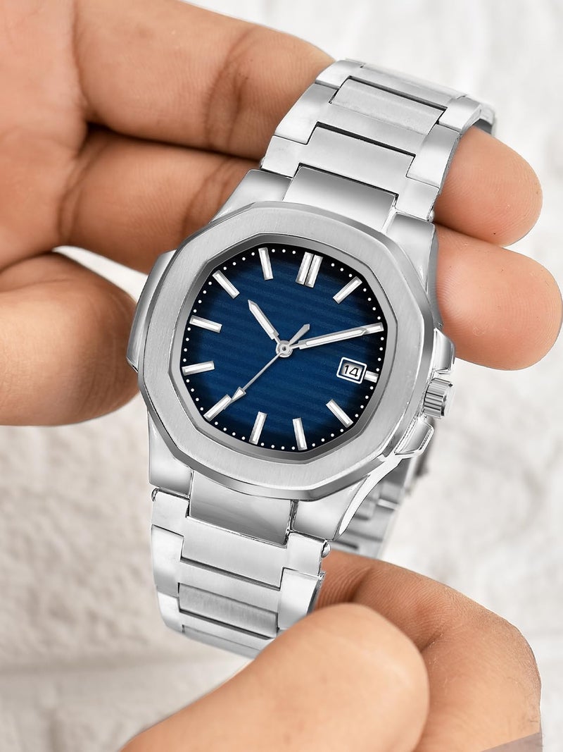 CLOUDWOOD Casual Fashion Octagonal Analog Stainless Steel Strap Date Display Watch for Man & Boys -MT80107 (Blue) - Image 5