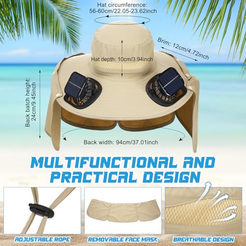 Chuarry Solar Powered Wide Brim Sun Hat with 2 Fan Outdoor USB Charging Fishing Hat with Neck Flap for Men Women HikingKhaki - Image 3