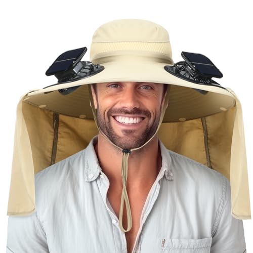 Chuarry Solar Powered Wide Brim Sun Hat with 2 Fan Outdoor USB Charging Fishing Hat with Neck Flap for Men Women HikingKhaki - Image 1