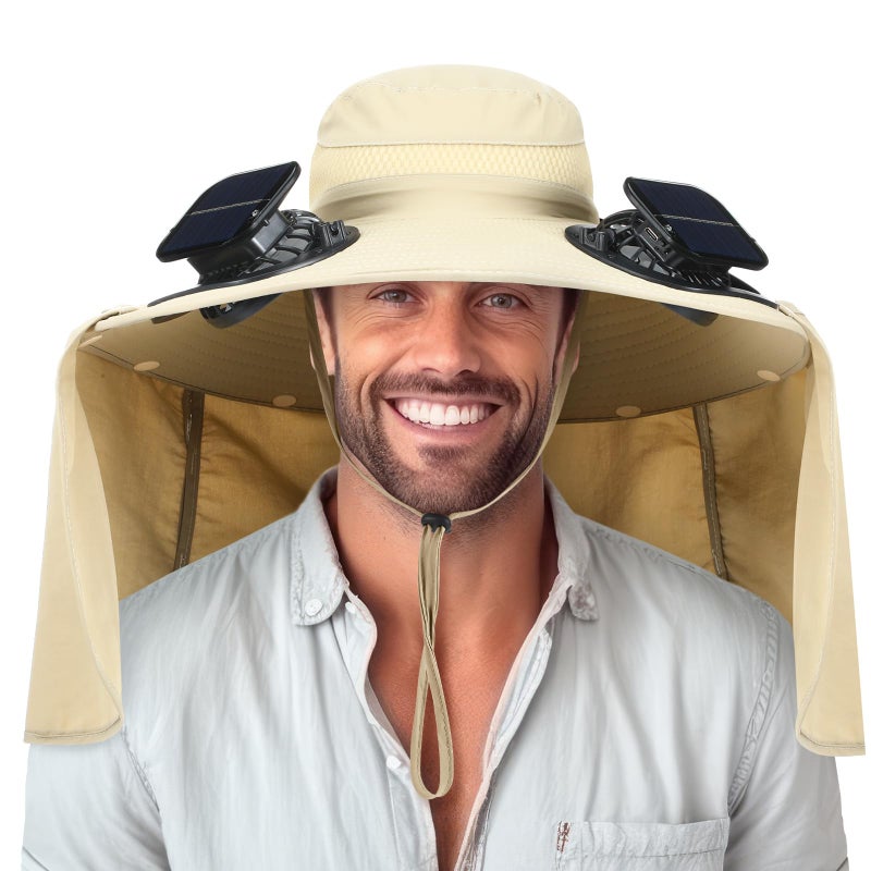 Chuarry Solar Powered Wide Brim Sun Hat with 2 Fan Outdoor USB Charging Fishing Hat with Neck Flap for Men Women HikingKhaki - Image 2