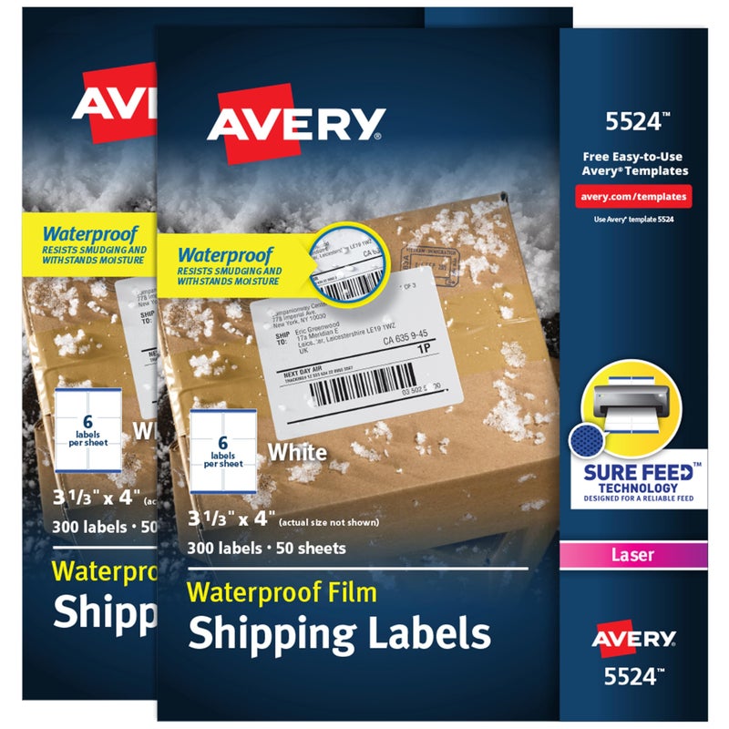 Avery Waterproof Labels with Ultrahold Permanent Adhesive, 3-1/3" x 4", Laser, 2-Pack, 600 Labels Total (25524) - Image 1