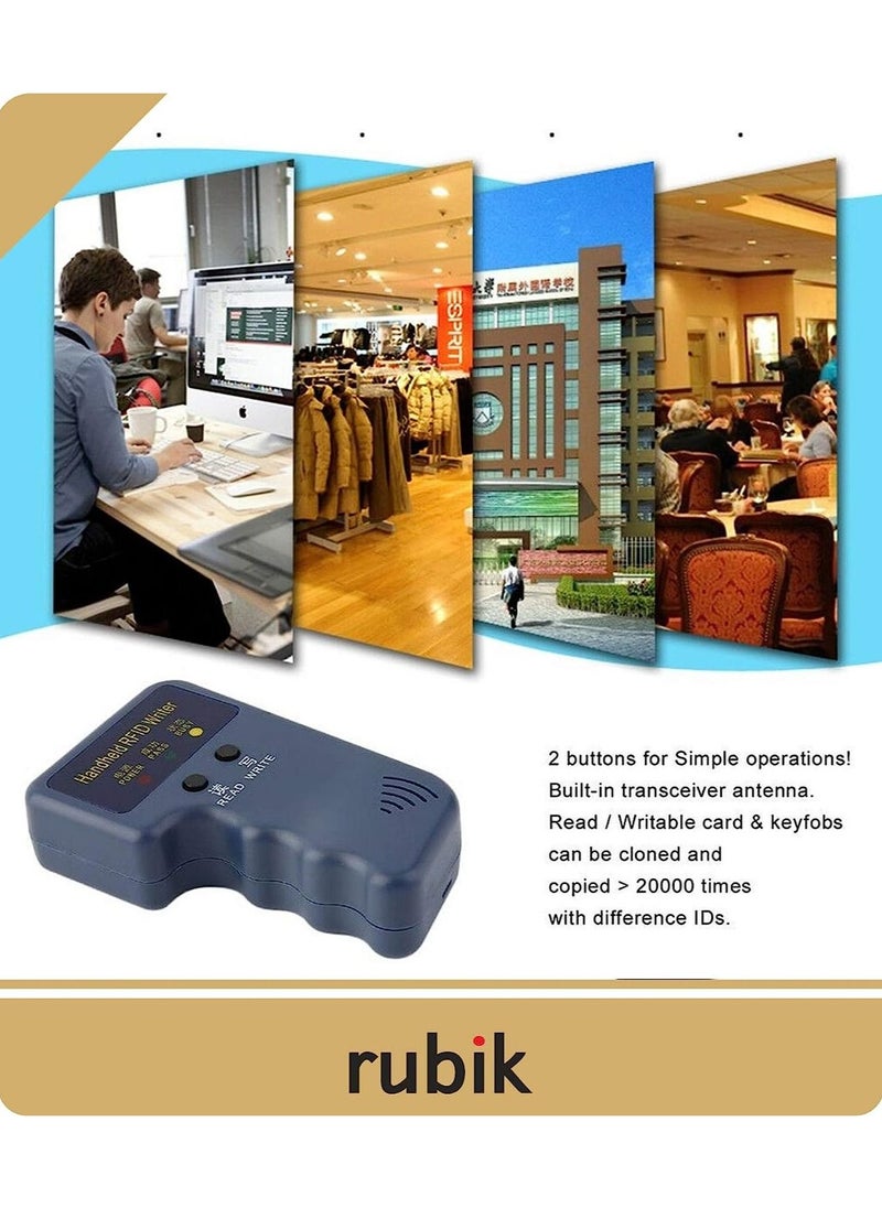 Rubik - مبرمج ناسخة بطاقة الهوية RFID المحمولة بتردد 125 كيلو هرتز/القارئ/الكاتب مع 6 قطع T5577 125 كيلو هرتز بطاقات الوصول للهوية القابلة للكتابة و6 قطع من بطاقات سلاسل المفاتيح - Image 1