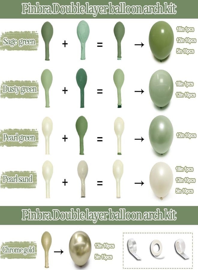 Pinbra قوس بالونات أخضر وأبيض مزدوج الحشو، بالونات بلون أخضر فاتح وذهبي وأبيض لؤلؤي، بالونات لاتكس بألوان باستيل ترابية وكريمية ورملية، مثالية لتزيين حفلات الكريسماس ورأس السنة وحفلات استقبال المولود وأعياد الميلاد والخطوبة. - Image 3