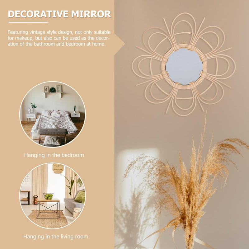 OUNONA Rattan Woven Mirror Wall Hanging Decorative Handmade Rustic Wooden Frame Makeup Mirror for Living Room Bedroom Wall Décor - Image 5