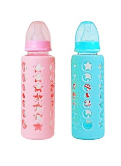 The Little Lookers High Borosilicate Glass Feeding Bottle For Baby Feeder For Newborn ; Super Soft Flow Control & Anti Colic Nipple For Infants Toddlerspink & Blue (240Ml)  - Image 1