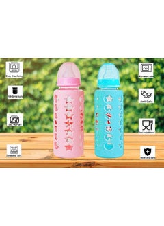 The Little Lookers High Borosilicate Glass Feeding Bottle For Baby Feeder For Newborn ; Super Soft Flow Control & Anti Colic Nipple For Infants Toddlerspink & Blue (240Ml)  - Image 3