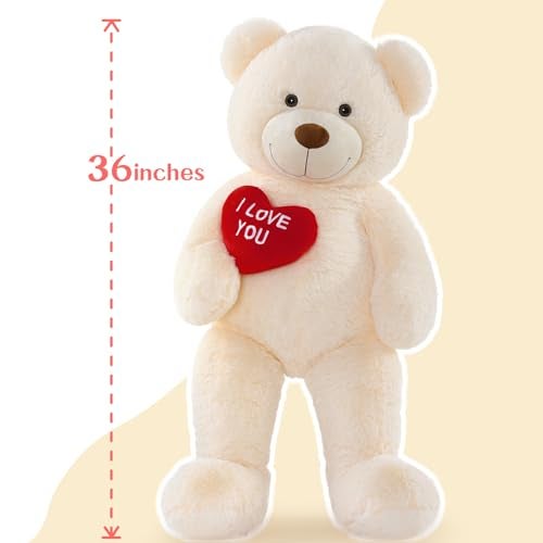 BENINY Big Teddy Bears, Giant White Teddy Bear Stuffed Animals with Embroidered I Love You for Girlfriend, Red Heart Fluffy Teddy Bear Birthday Gifts 36 inches - Image 4