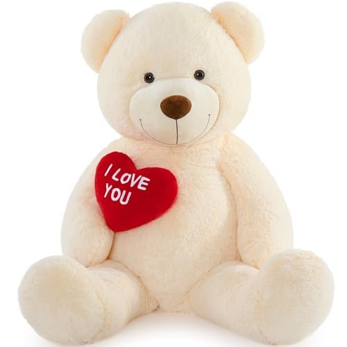 BENINY Big Teddy Bears, Giant White Teddy Bear Stuffed Animals with Embroidered I Love You for Girlfriend, Red Heart Fluffy Teddy Bear Birthday Gifts 36 inches - Image 1