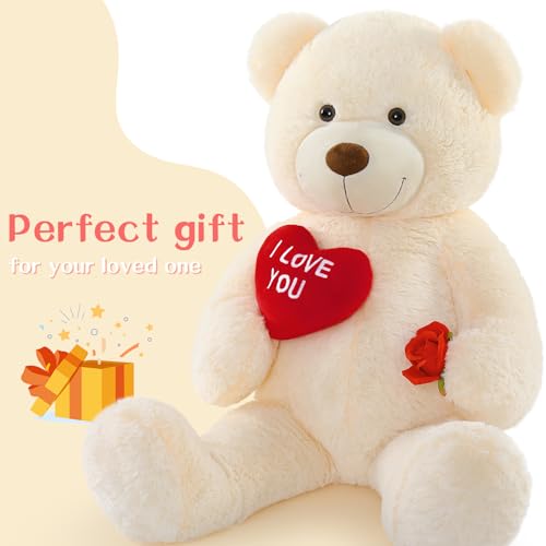 BENINY Big Teddy Bears, Giant White Teddy Bear Stuffed Animals with Embroidered I Love You for Girlfriend, Red Heart Fluffy Teddy Bear Birthday Gifts 36 inches - Image 2