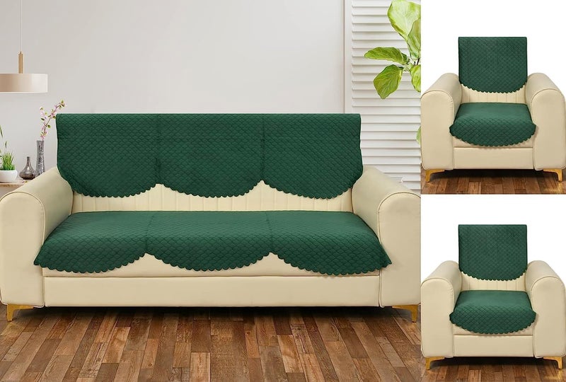 Castiqa Velvet Fabric Quilted Design Sofa Covers Set, Seat and Back Cover (Green, 5 Seater) - Image 1